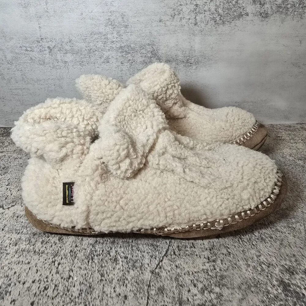 LL Bean Cozy Slippers Cream Pile Fleece Sherpa Comfort Booties Kids Sz 5-6